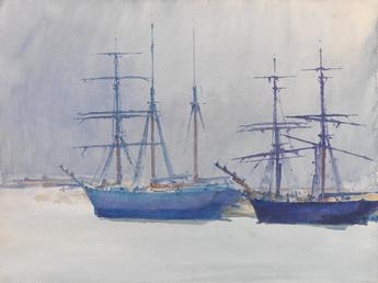 Two sailing vessels at anchor