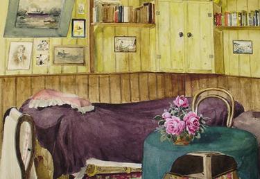 First World War internee watercolour of hut interior
