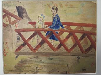 Watercolour painting of two girls on a bridge…