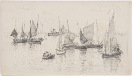 View of fishing boats in bay