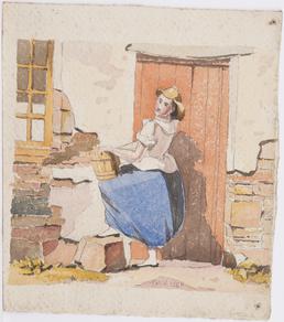 Young woman outside cottage door