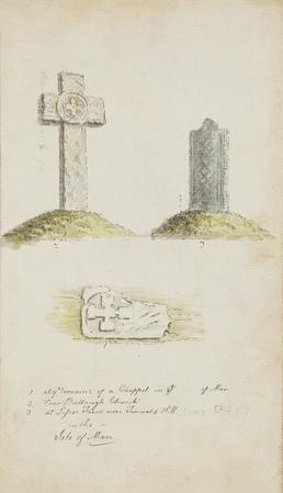 Watercolour drawings of a carved cross and two…