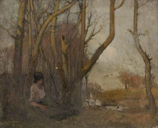 Autumnal landscape with woman and geese