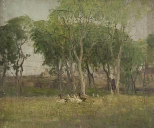 Landscape with woman and geese