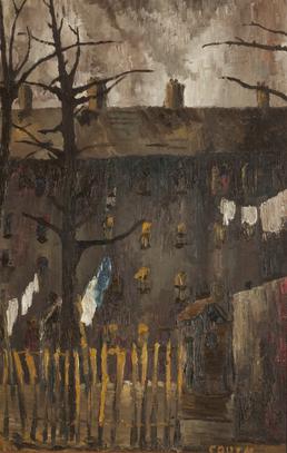 Oil painting of rear of tenement block