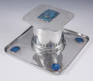 Tudric Pewter Inkwell with Enamel Decoration, Model 0141