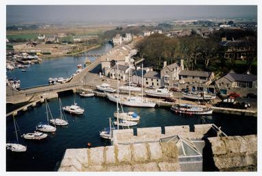 View from Castle Rushen walls showing Castletown Harbour…