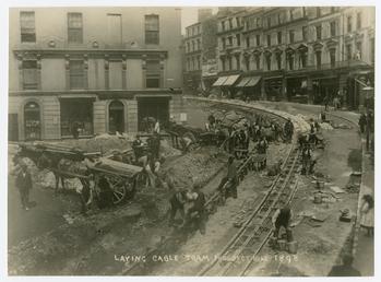 Laying cable tram, Prospect Hill, Douglas