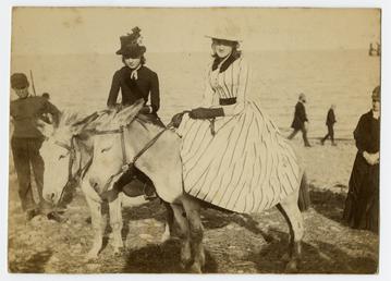 Two women on donkeys, Douglas beach