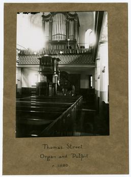 Organ and pulpit at Thomas Street Wesleyan Chapel,…