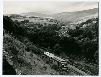 Electric tram, Laxey village, panoramic of village and…
