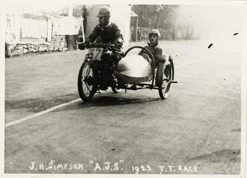 Jimmie H. Simpson aboard A.J.S. sidecar outfit, 1925…