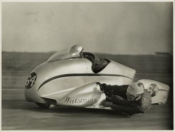 Eric Oliver, driving Watsonian sidecar outfit, Silverstone, 1954