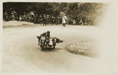 A.E. Taylor aboard sidecar outfit (number 32), 1925…