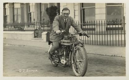 G.J. Sheman poses aboard Triumph registration MN1527, 1921…