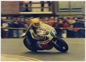 Joey Dunlop at Parliament Square, Ramsey, riding Rea…