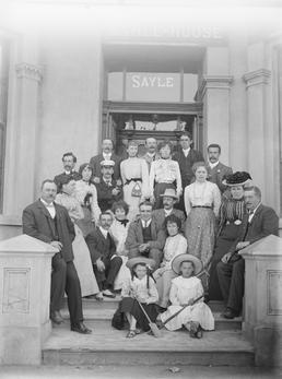 Visitors gathered on the steps of Earle-House, Douglas…