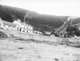 View from beach towards hotel and funicular railway,…