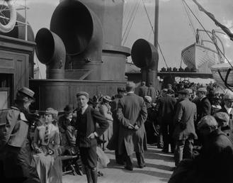Crowded deck of an unidentified steamship with 'Douglas'…