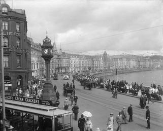 Victoria Clock and cable tramcar in foreground, Loch…