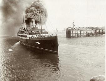Sepia view of SS Viking steaming past Battery…