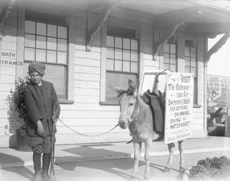 Boy leading a donkey laden with notices advertising…