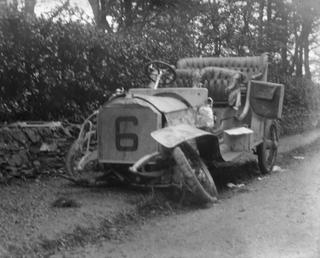 Smashed motor-car No 13 Airiel-Simplex at Folieu, Maughold…