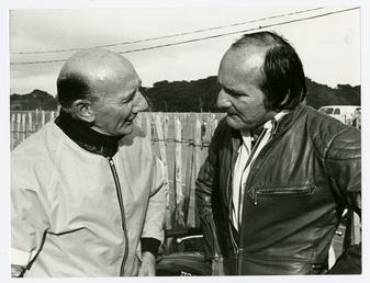 Albert Moule (T.T. travelling marshal) with Mike Hailwood