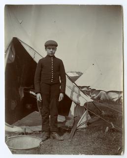 Army cadet outside bell tent, Ramsey