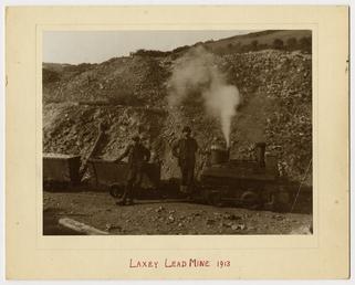 Steam engine and carts at Laxey lead mine.…