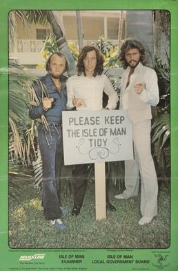Promotional poster featuring the Bee Gees in front…