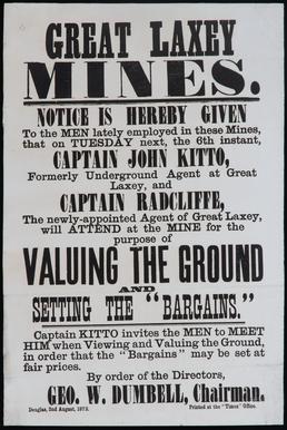 Great Laxey Mines notice advising that Captains Kitto…